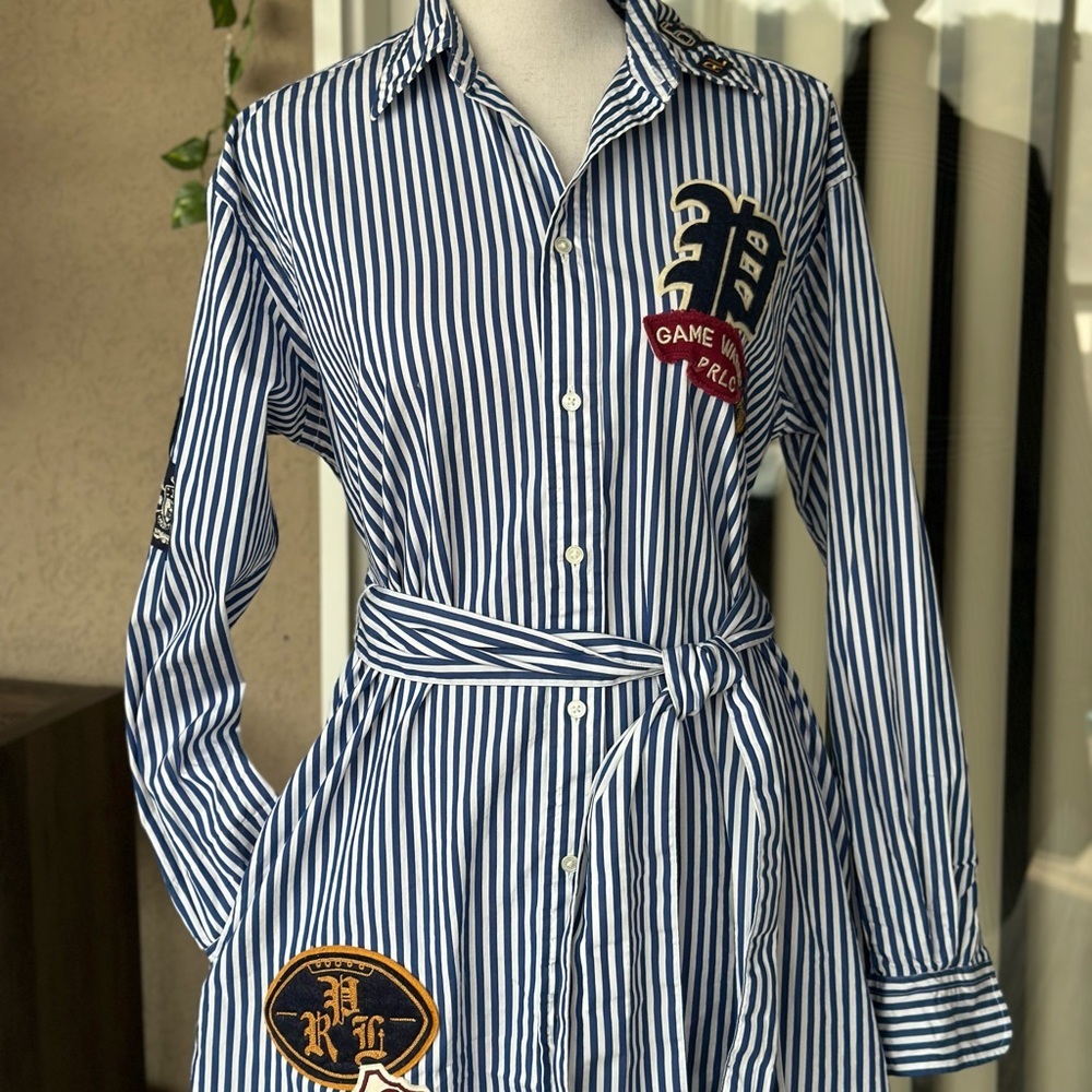Polo by Ralph Lauren Striped Asymmetrical Shirt Dress with pockets and Patches - Picture 12 of 15